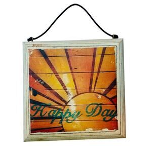 🌞 Vintage-Style “Happy Day” Wooden Wall Hanging – Rustic Sunburst Design